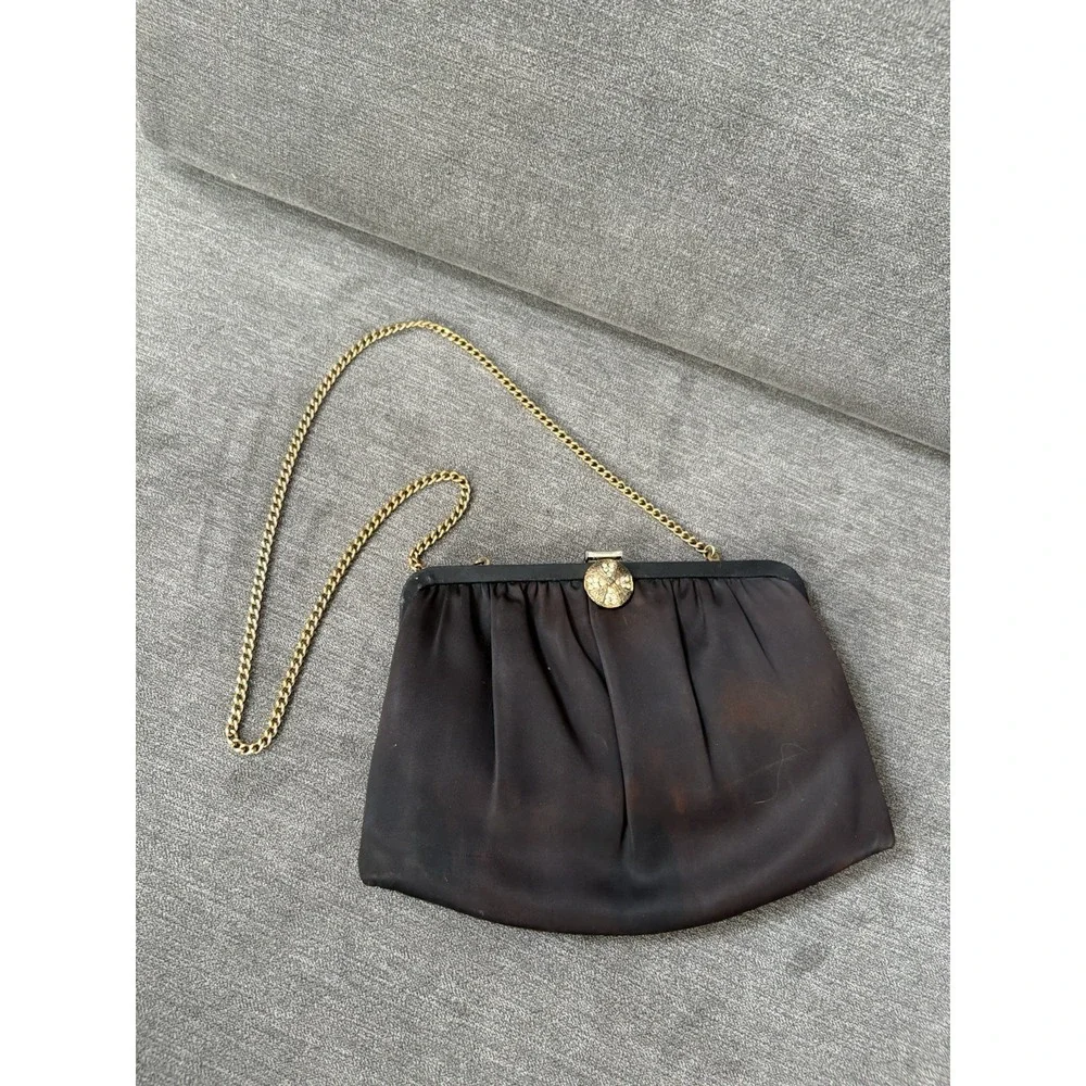 Vintage Andé Black‎ Satin Evening Clutch With Gold-Tone Chain Strap & Clasp